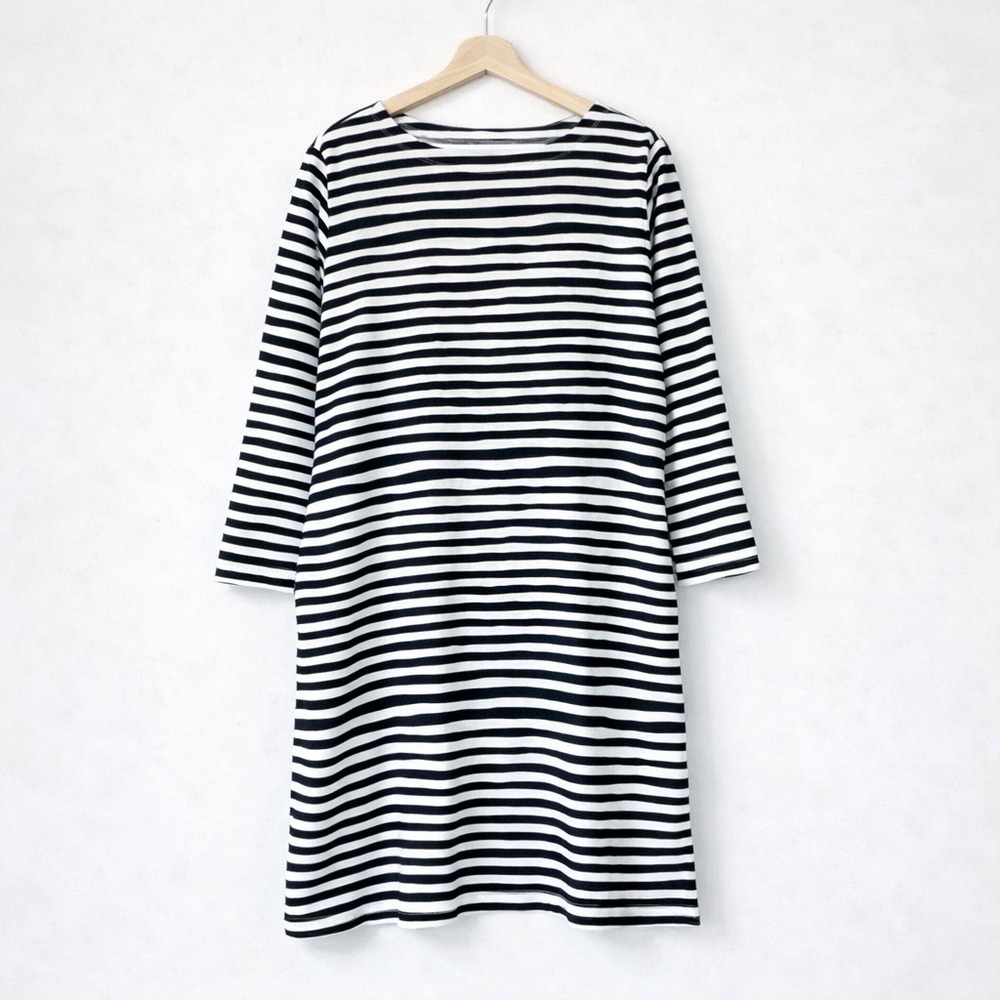 See Design Black White Stripe Dress Boat Neck Long Sleeve Cotton Pockets Sml NWT